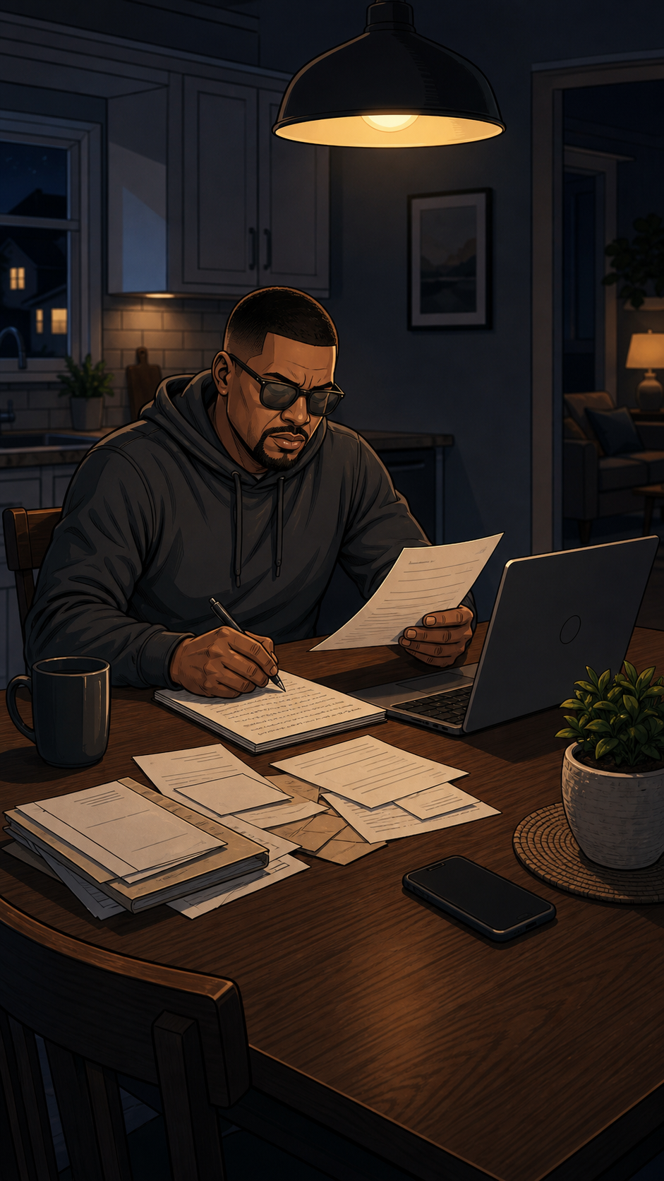 Father reviewing bills and notes at a kitchen table late at night