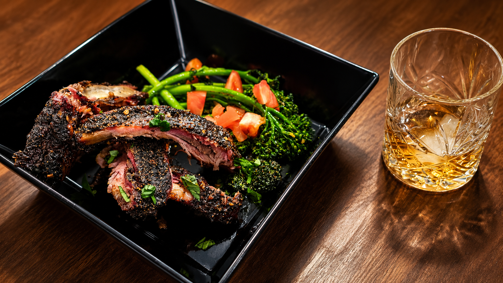 Jerk smoked ribs with broccolini and a whiskey glass