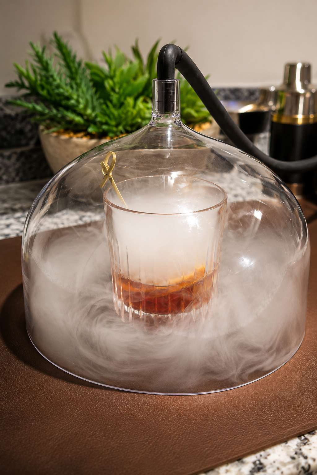 Smoked old fashioned under a glass smoke dome