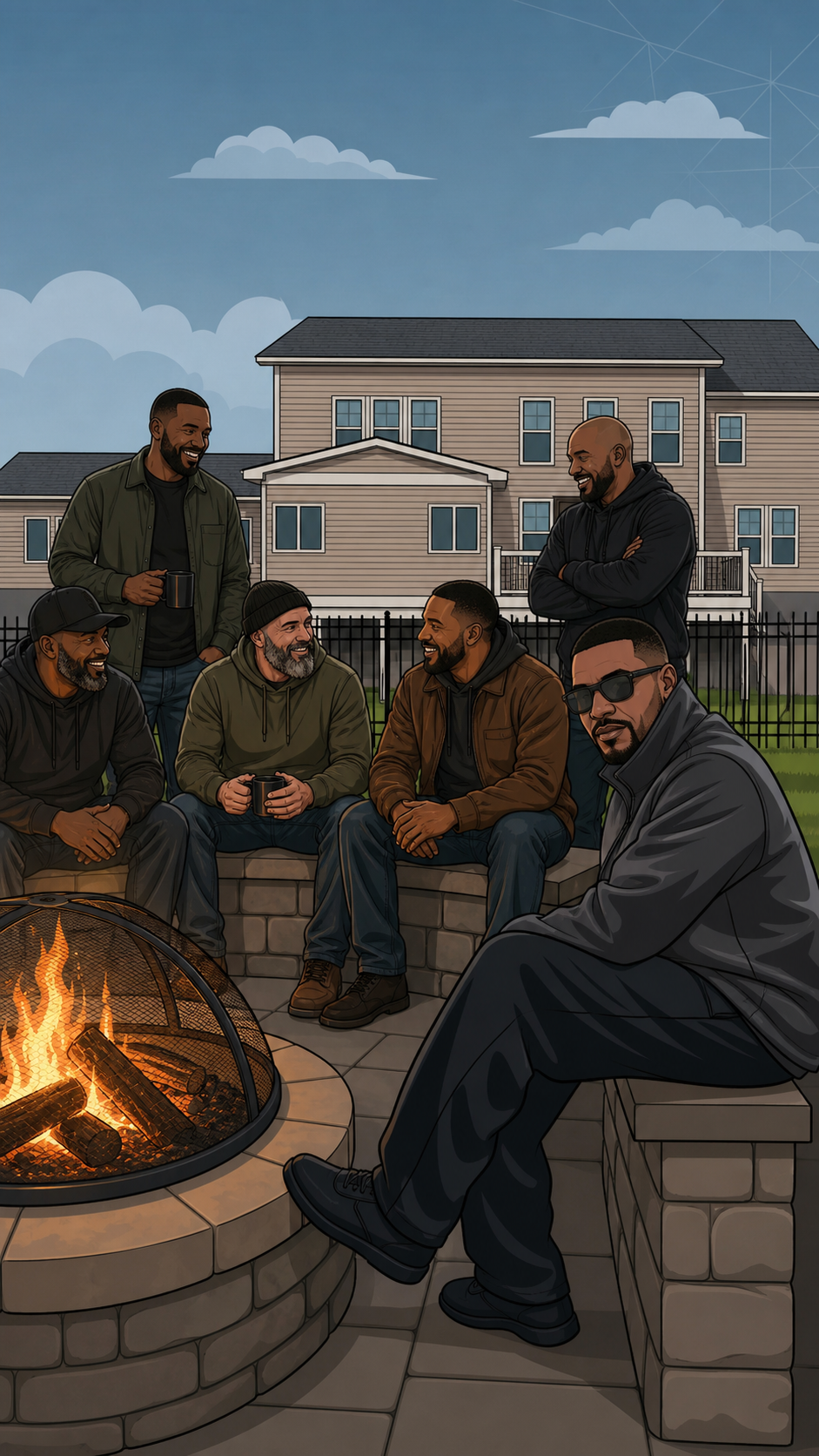 Fathers gathered around a backyard fire pit